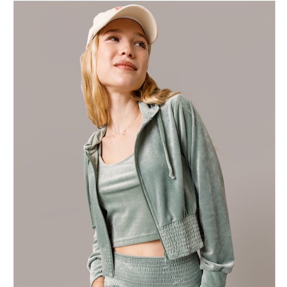 Francesca’s Mya Velour Full Zip Hoodie in Sage Green